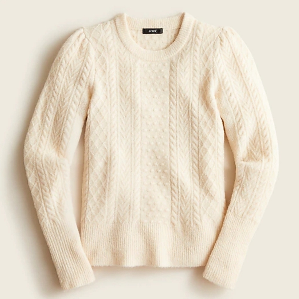 EUC JCrew stretch wool cable-knit crewneck sweater, XS, "heather muslin" color